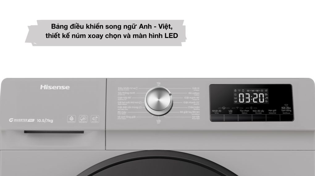 áy giặt sấy Hisense Inverter giặt 10.5 kg - sấy 7 kg WDQA1043BT - Bảng điều khiển